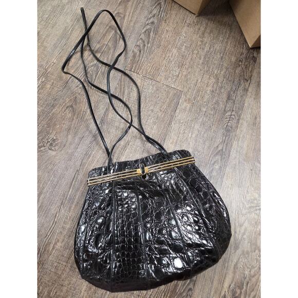 Vintage Judith Leiber Classic Black Snakeskin Reptile Gold Clutch Evening Purse - Picture 1 of 11